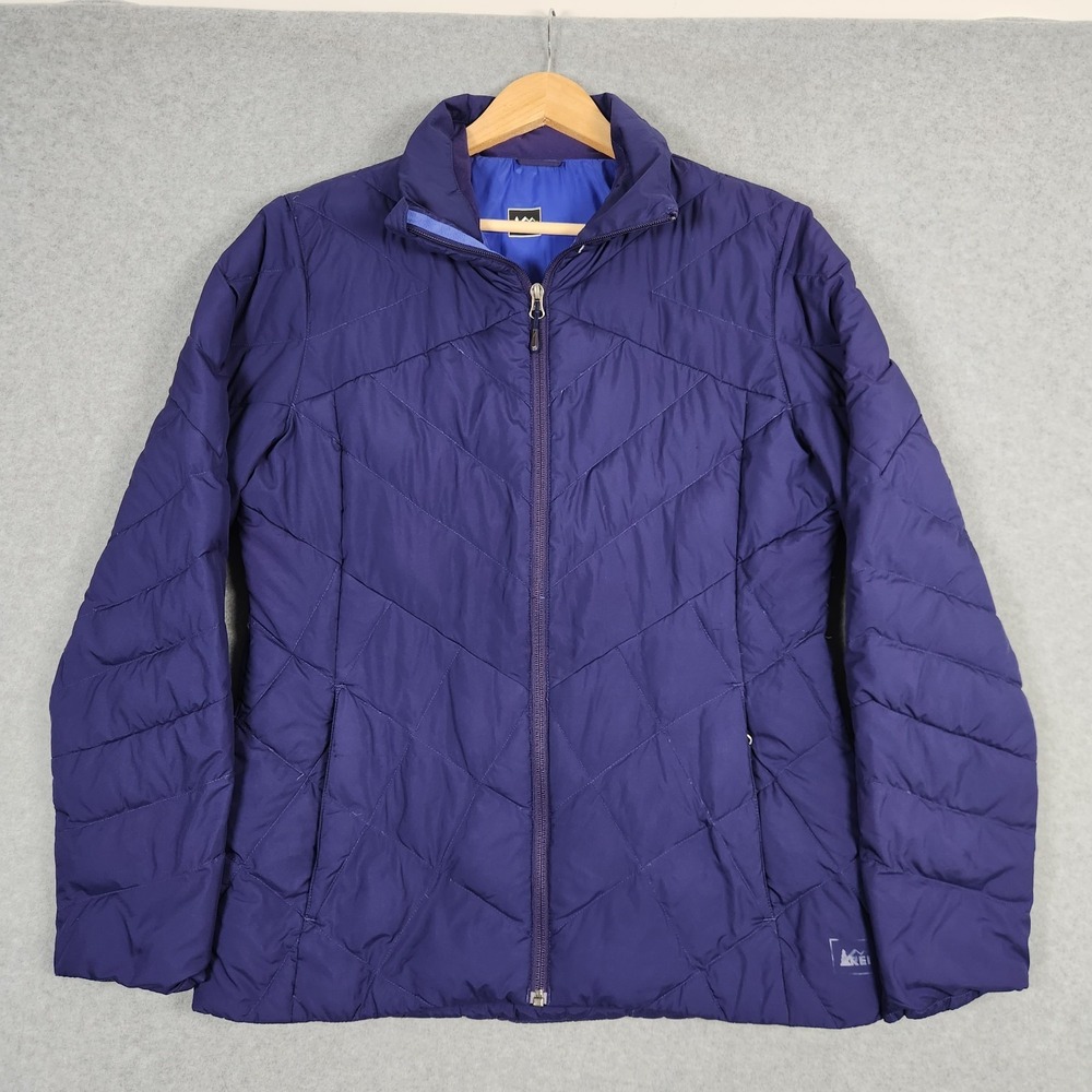 REI Co Op Down Puffer Jacket Womens Medium Blue Goose Down Full Zip